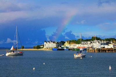 Rainbow over harbor